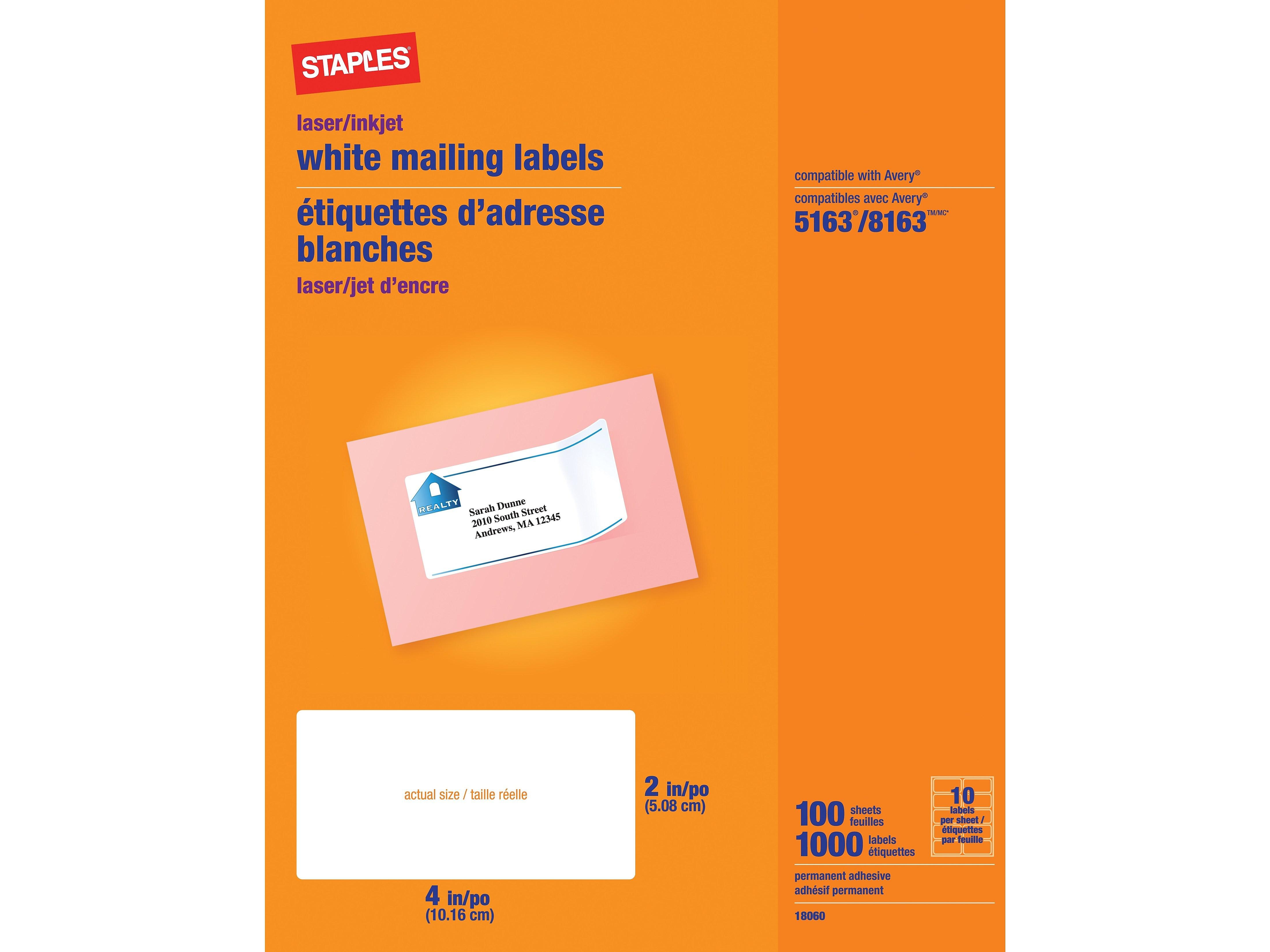 Staples Laser/Inkjet Shipping Labels, 2" x 4", White, 10 Labels/Sheet